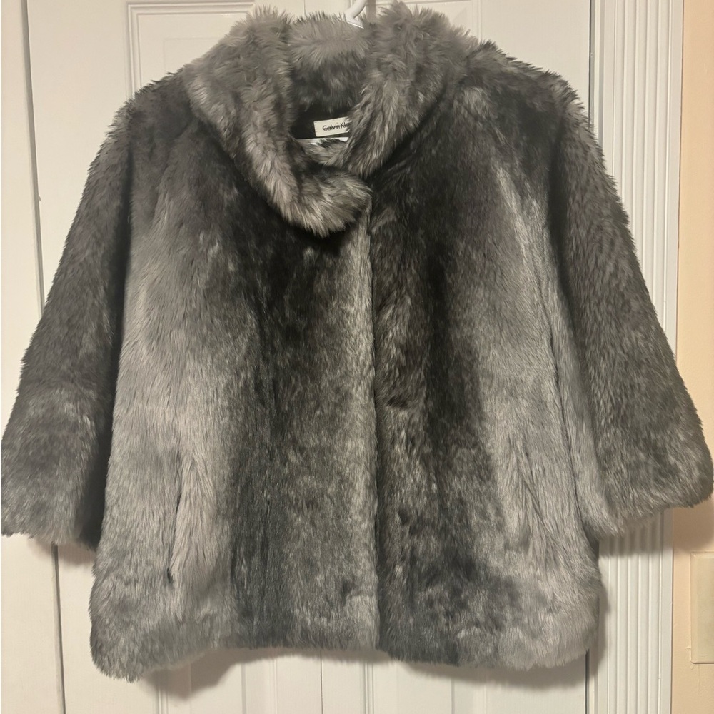 Calvin Klein Gray Faux Fur Jacket Size XL.